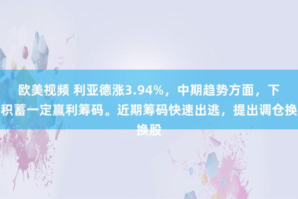 欧美视频 利亚德涨3.94%，中期趋势方面，下方积蓄一定赢利筹码。近期筹码快速出逃，提出调仓换股